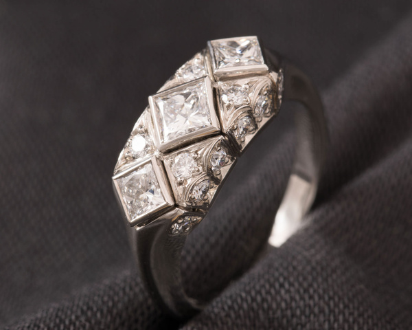Princess Cut Diamond Platinum Art Deco Style Three Stone